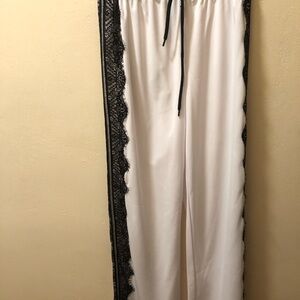 Relaxed White Lounge Pants with Black Lace Trim